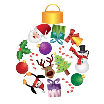 Christmas Tree Ornaments Collage with Santa Reindeer Penguin Snowman Candy Cane Holly and Presents Illustration