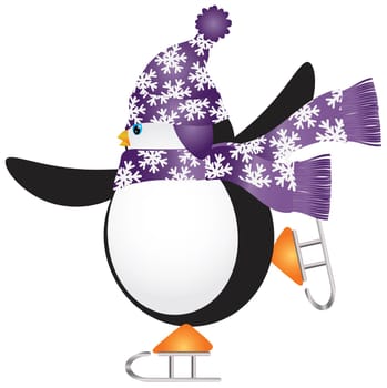 Christmas Penguin with Purple Hat and Scarf Ice Skating Illustration