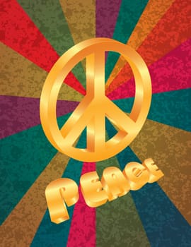 Golden Peace Symbol and Text on Colorful Rays Texture Background Illustration
