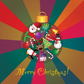 Christmas Tree Ornaments Collage with Santa Reindeer Penguin Snowman Candy Cane Holly and Presents on Colorful Rays Background Illustration
