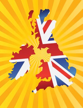 UK Great Britain Union Jack Flag in Map Silhouette with Sun Rays Background Illustration