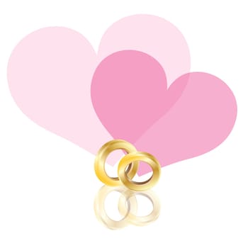 Wedding Rings Gold Band with Couple Pink Hearts Isolated on White Background Illustration