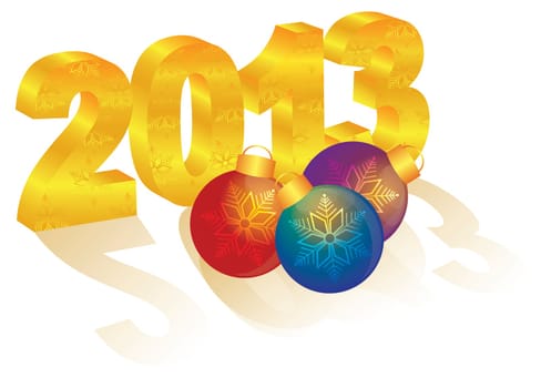 2013 Happy New Year 3D Gold Numbers and Colorful Ornaments with Long Shadows Isolated on White Background