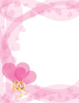 Wedding Rings Gold Band on Swirls Border with Flying Hearts Border Background