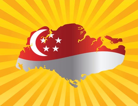 Singapore Flag in Country Map Silhouette on Sun Rays Background Illustration
