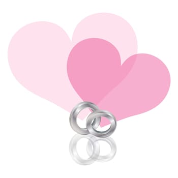 Wedding Rings Platinum Band with Couple Pink Hearts Isolated on White Background Illustration