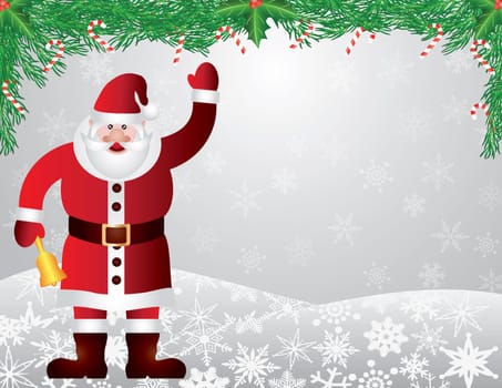 Santa Reindeer with Bow Holly Christmas Ornament with and Garland with Candy Cane on Snowflakes Background Illustration