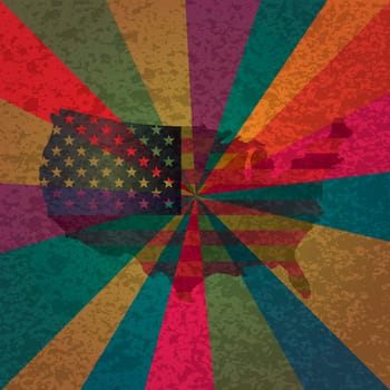 USA Flag in Map Silhouette with Colorful Rays and Texture Background Illustration
