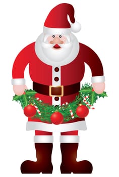 Santa Claus Holding Christmas Tree Garland with Ornaments Holly and Candy Cane Illustration