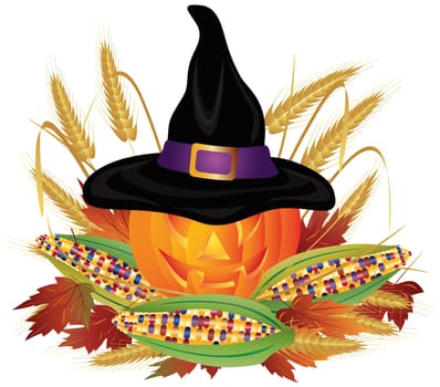 Pumpkin Carved Jack-O-Lantern with Pilgrim Hat Corn Cob Wheat Straws and Fall Leaves Illustration