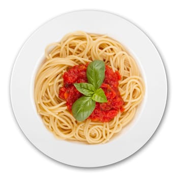 Plate with spghetti,tomato sauce and basil