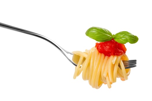 Fork with spaghetti,tomato sauce and basil