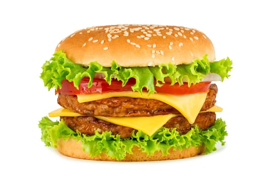 Double cheeseburger in front of white background