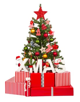 Christmas tree with gifts and XMAS lettering
