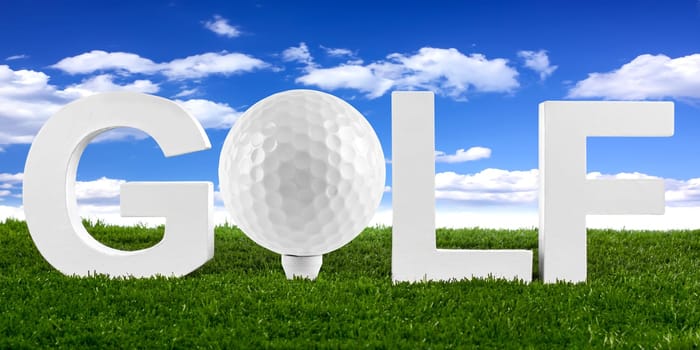 Golf lettering with ball on tee on the green