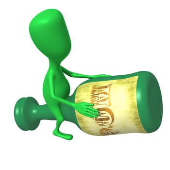 Green puppet sitting on big bottle of rum