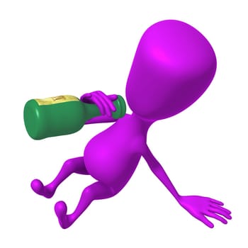 Over view pink puppet drinking from rum bottle
