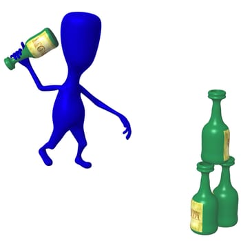 Blue puppet playing bowling with bottles of rum