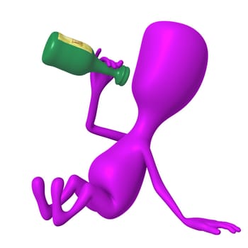 Front view pink puppet drinking from rum bottle