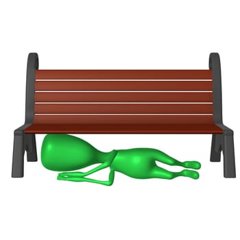 Front view drunk green puppet sleeping under bench