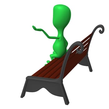 Behind view green puppet on bench testing weather