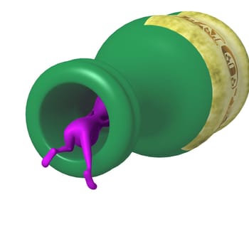 Front view drunk puppet climbing into big bottle