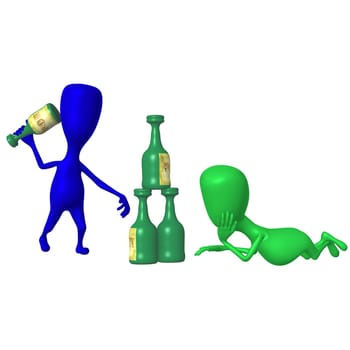 Blue puppet playing bottle bowling with green one