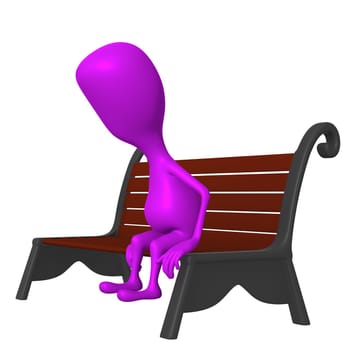 Zoomed view puppet sitting sadly on park bench