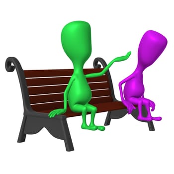 Side view puppet on bench quess about weather