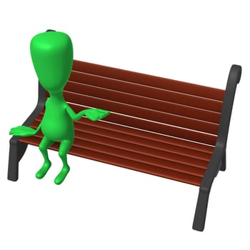 Over view green puppet on bench testing weather