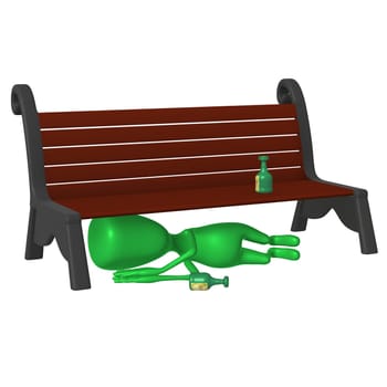 Side view drunk green puppet sleeping under bench