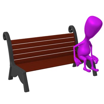 Front view puppet sitting sadly on park bench