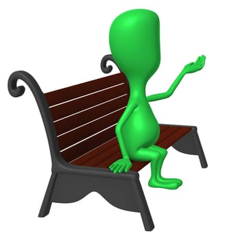 Side view green puppet on bench testing weather