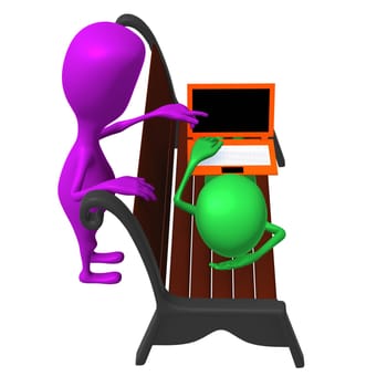 Over view puppet chat with friend behind bench
