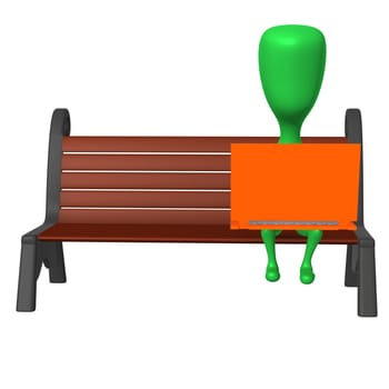Front view puppet work after laptop on bench