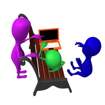 Behind view puppet chat with friend around bench