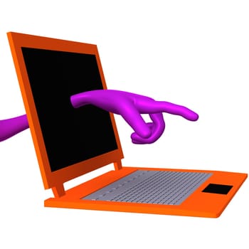 Right side view puppet hand going through laptop