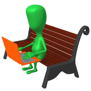 Side view puppet work after laptop on bench