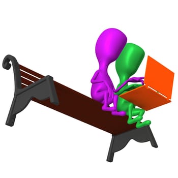 Under view puppet discuss after laptop on bench