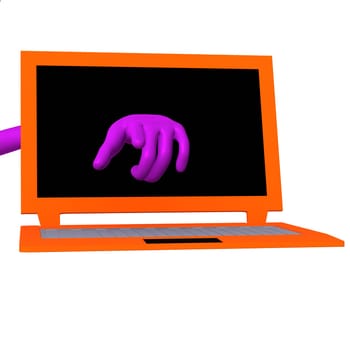 Front view puppet hand going through laptop screen
