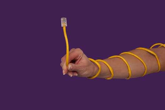 Extended female hand with a coiled ethernet cable wound around the arm with the plug extending upwards from the hand on a purple studio background