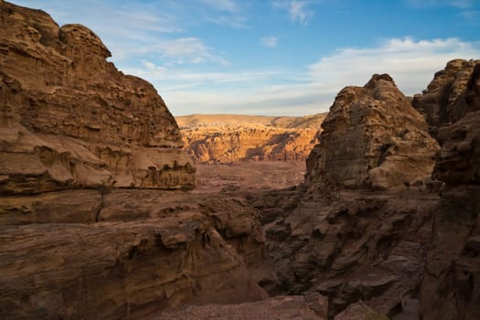 View over the valley of the ancient city Petra in todays Jordan.
