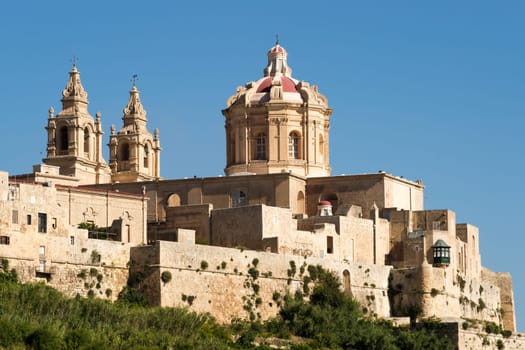 View to the walls and buildings of Malta's historical old capital Mdina.