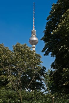 The television tower of Berlin represents the tallest building in Germany with a height of 368m and is one of Berlin's landmarks. The picture shows the tower behind trees.
