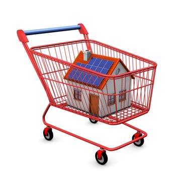 Shopping cart with house on the white background.