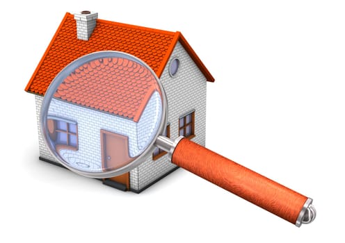 House with big loupe on the white background.