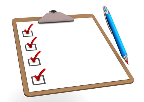 Clipboard with blue pen on the white background.