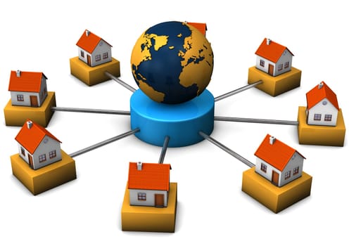 Connected houses with the globe. White background.