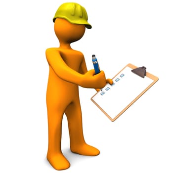 Orange cartoon character with clipboard and yellow helmet. White background.
