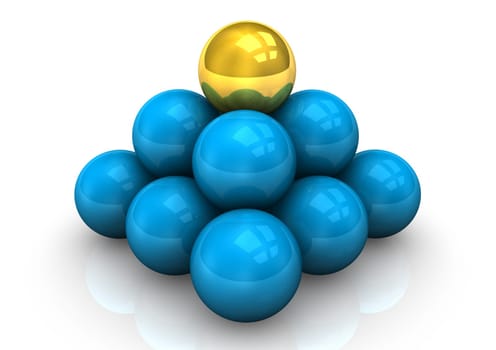 Pyramid of blue balls and one golden ball.